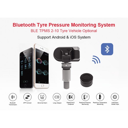 4pcs Internal Valve Stem Sensors Bluetooth Wireless Tire Pressure Monitoring System Support iOS & Android Mobile Phone Direct Observation for car suv