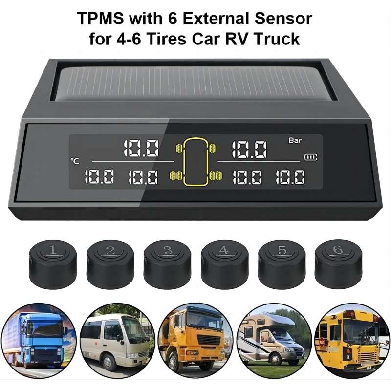 External Sensor Solar Power TPMS LCD Color Screen Monitoring Tire Pressure for 6 wheel RV Cars Light truck bus 