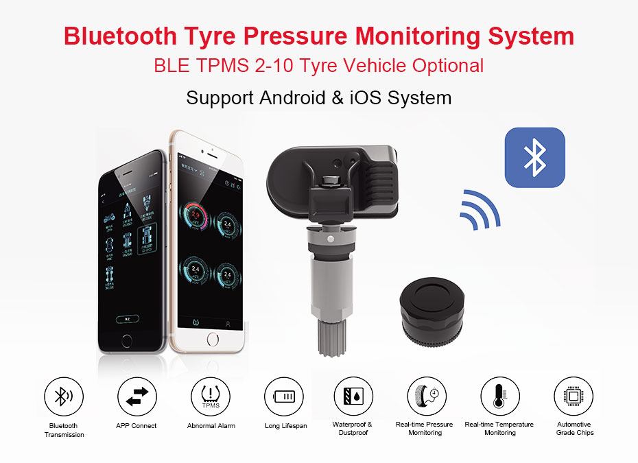 4 New Bluetooth TPMS Tire Pressure Monitor External Sensors BLE Fits 4-Wheel Passenger Cars